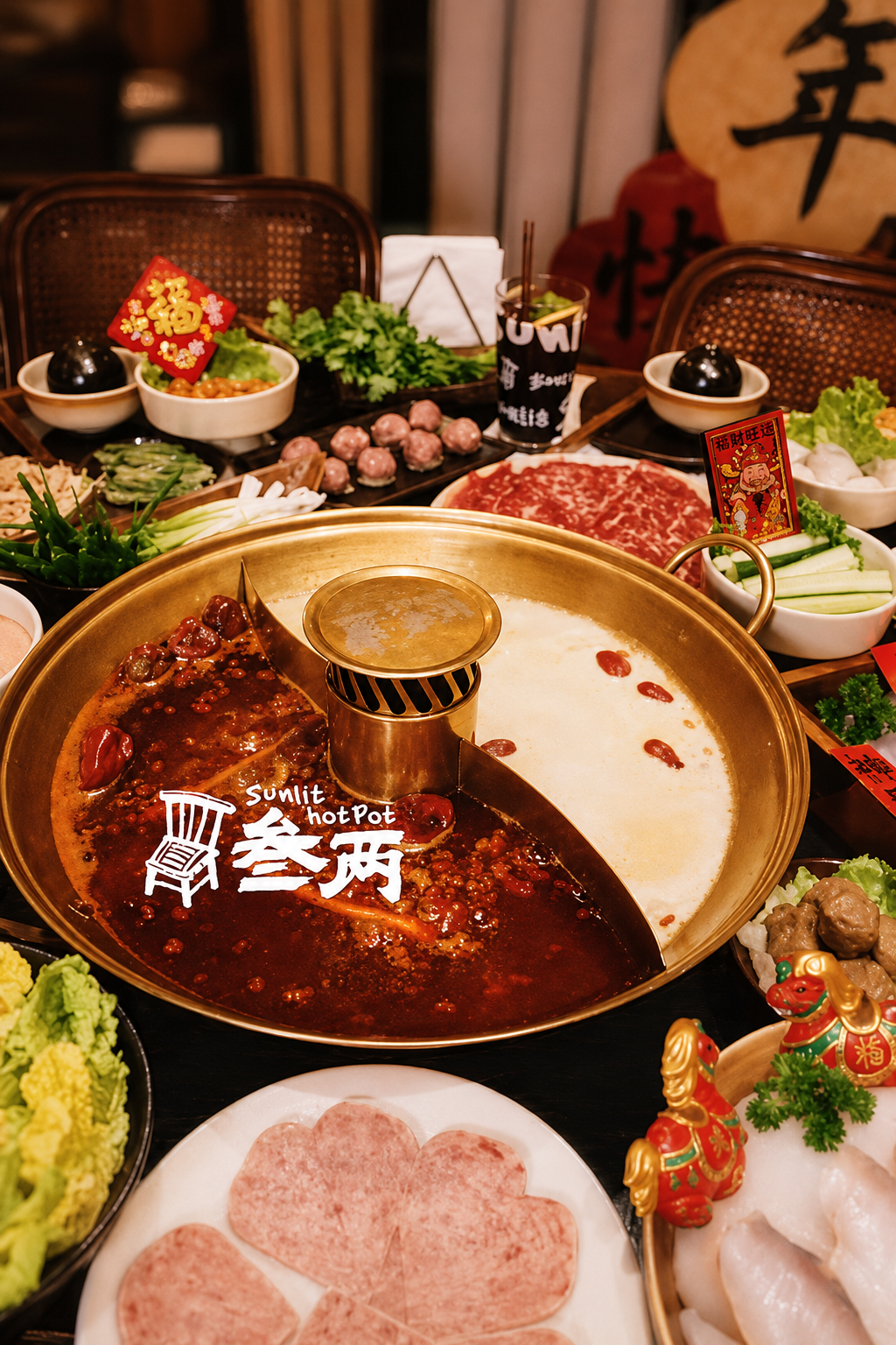 Premium hotpot table with split broth and ingredients