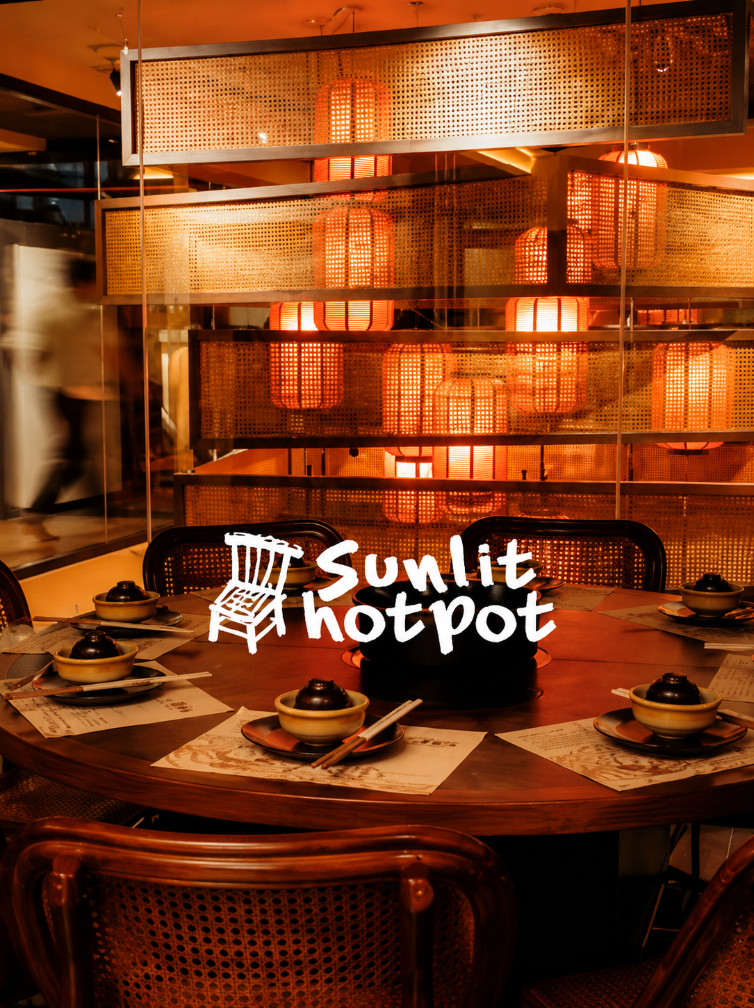 Warm SUNLIT HOTPOT dining room with round table and ambient lighting