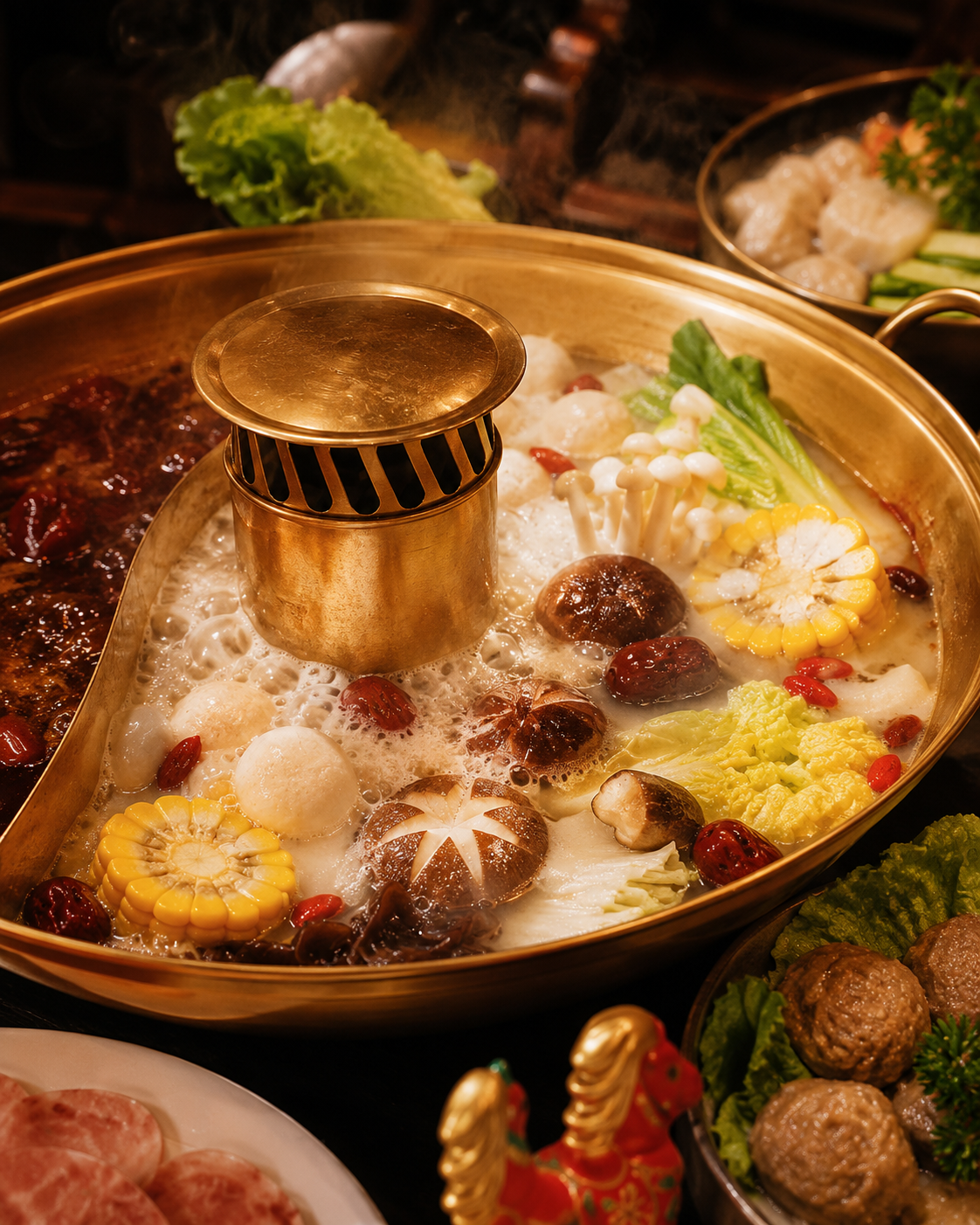 Half-price member day soup base in a gold hotpot