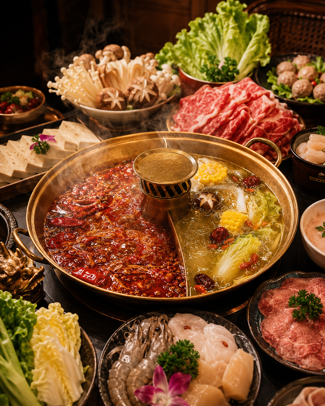 Dual hotpot soup base with vegetables and sliced meat